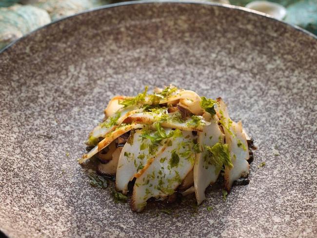 Yumbah Abalone, smoked eel, shiitake, roasted sea lettuce, at Fen, Port Fairy. Supplied