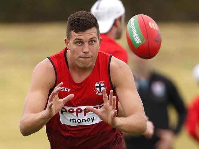 MELBOURNE, AUSTRALIA - DECEMBER 14: Rowan Marshall of the Saints marks the ball during a joint AFL and AFLW St Kilda Saints training session at RSEA Park on December 14, 2019 in Melbourne, Australia. (Photo by Dylan Burns/AFL Photos via Getty Images)