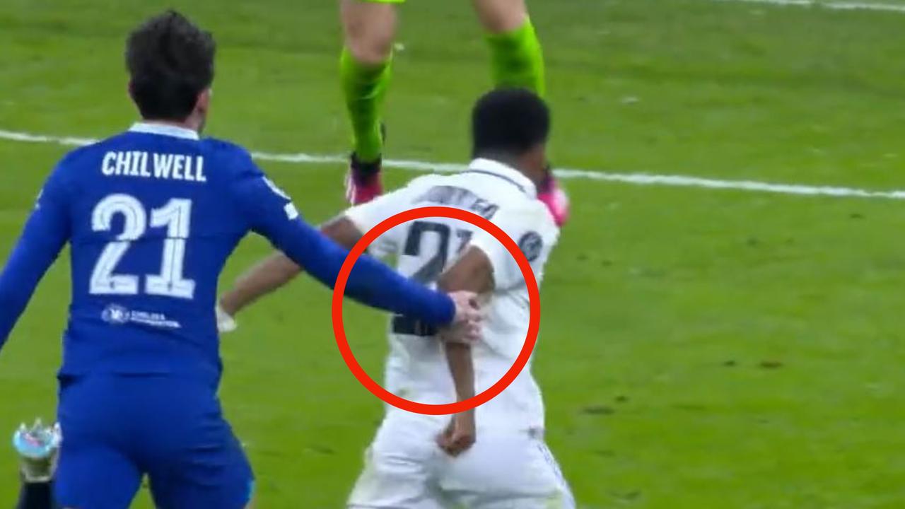 Ben Chilwell was sent off for this foul on Rodrygo. Picture: Supplied