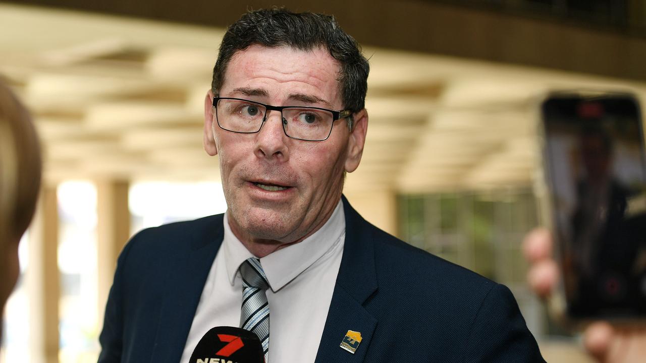 Troy Thompson speaks to media outside a Townsville City Council meeting. Picture: Shae Beplate.