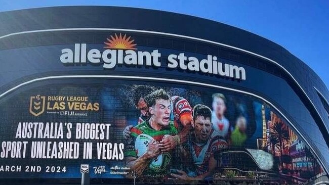 Allegiant Stadium in Las Vegas advertises the historic NRL double header in March. Credit: Twitter