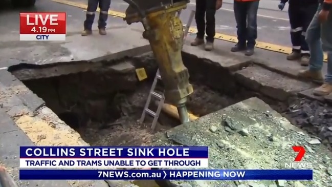 Collins Street sinkhole: ‘Significant damage’ on major Melbourne road (7 News)