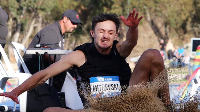 ADELAIDE, AUSTRALIA - APRIL 14: Christopher Mitrevski of Victoria winner of the Mens Long Jump and has secured a place at Paris Olympics during the 2024 Australian Athletics Championships at SA Athletics Stadium on April 14, 2024 in Adelaide, Australia. (Photo by Sarah Reed/Getty Images)