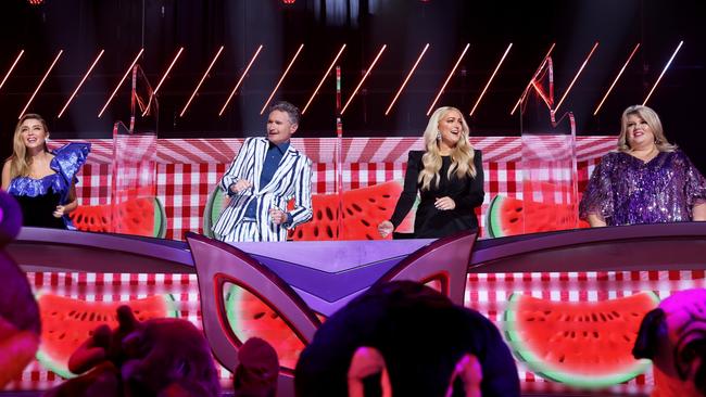 Judges Dannii Minogue, Hughesy, Jackie O and Urzila Carlson get down to a performance in the first episode of The Masked Singer Australia. Picture: Nigel Wright