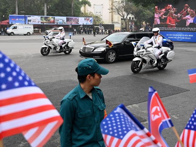 The motorcade of North Korea's leader Kim Jong-un makes it way to the Sofitel Legend Metropole hotel in Hanoi.