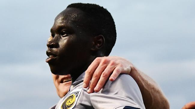 ADELAIDE, AUSTRALIA - FEBRUARY 19:  Alou Kuol of the Mariners celebrates after scoring his teams second goal during the A-League match between Adelaide United and the Central Coast Mariners at Coopers Stadium, on February 19, 2021, in Adelaide, Australia. (Photo by Mark Brake/Getty Images)