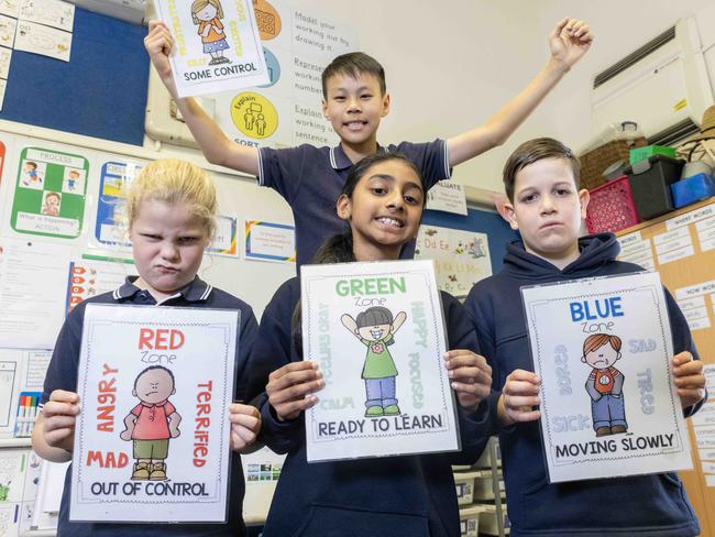 July 31, 2024:  Glen Osmond Primary school students Livvvy (7), Ayra (9), Yuang (11) and Claire (11) are taking part  of a landmark trial teaching kids regulation skills like how to set goals, how to not have an emotional reaction when struggling. Picture: Kelly Barnes