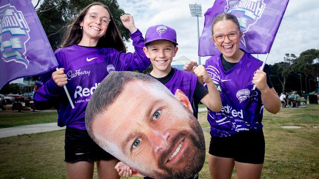 Hurricanes fans Bethany Scharvi, 12, Toby Scharvi, 10, and Georgia Sharvi, aged 14 are excited to watch the Hobart Hurricanes ahead of the BBL finals. Picture: Linda Higginson