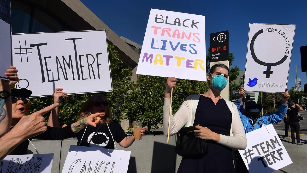 Protesters and counter-protesters clashed outside Netflix’s LA offices. (Photo by Frederic J. BROWN / AFP)