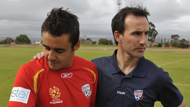 Adelaide United captain Travis Dodd and coach Aurelio Vidmar in 2008. Picture: Campbell Brodie