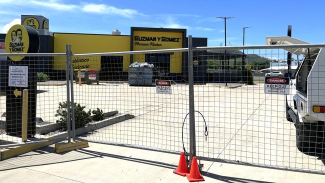 Guzman y Gomez’s Willows store was fenced off while repairs and upgrades were carried out. Picture: Leighton Smith.