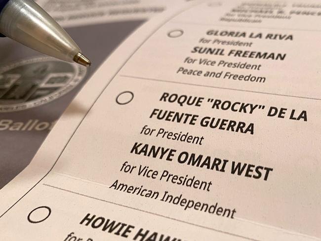 A California ballot for the 2020 US presidential election listing US rapper Kanye West as vice-presidential running mate to Roque "Rocky" De La Fuente Guerra for the American Independent party, in Los Angeles. Picture: AFP