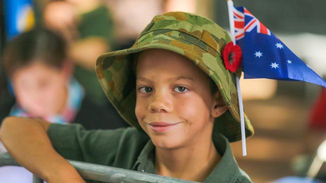 Two Kidd-McNicol wearing his late uncle’s army hat during the Brisbane 2023 ANZAC Day March. Picture: NCA NewsWire / Glenn Campbell