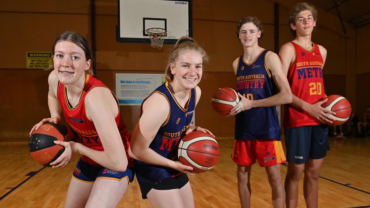 Olivia Bradley (Country), Maddy Hinton (Metro), Jackson Bowden (Country) and Alex Dodson (Metro) ahead of the Adelaide Invitational Challenge basketball event to be live streamed by the Advertiser, starting January 8. Picture: Keryn Stevens