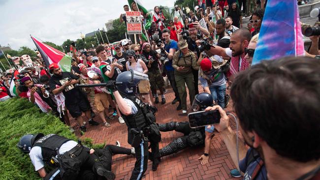 Pro-Palestinian protesters and police clash at Washington’s Union Station. Picture: AFP