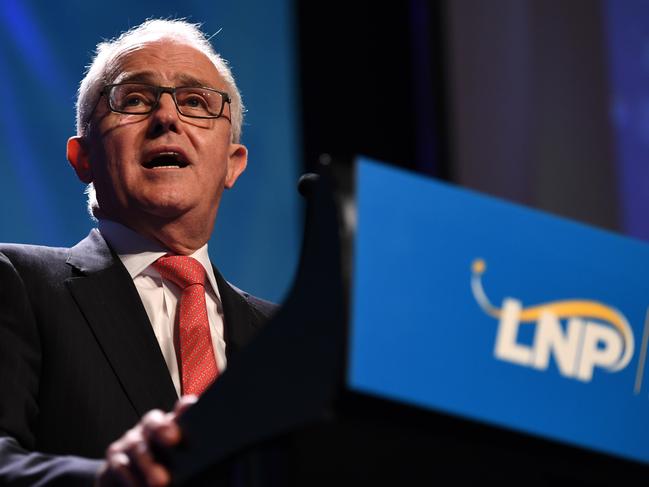Australian Prime Minister Malcolm Turnbull speaks at the Liberal National Party (LNP) state conference in Brisbane, Saturday, July 15, 2017. (AAP Image/Dan Peled) NO ARCHIVING