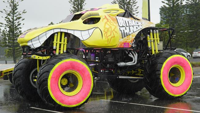 LNP Deputy Leader Jarrod Bleijie takes the wheel of a monster truck at Sunshine Coast Stadium, navigating the car park in the rain. Photo: Andrew Hedgman