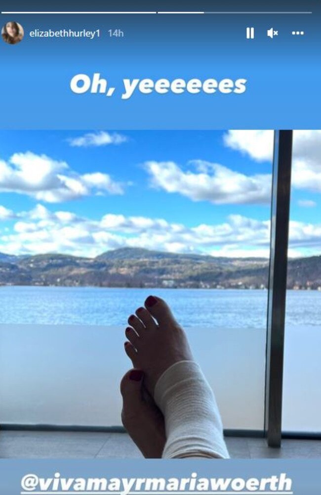 The actress and mother-of-one is at the health spa for a detox following an ankle injury she suffered on the set of her latest movie in the Caribbean, last November. Picture: Instagram/elizabethhurley1