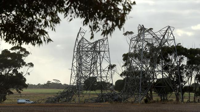 Wild weather on Tuesday brought down powerline towers near Carrs Rd in Anakie, between Geelong and Bacchus Marsh in Victoria. Picture: Alison Wynd