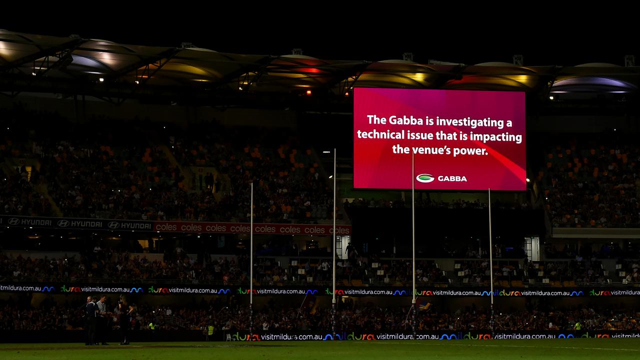 Lights out at The Gabba. (Photo by Albert Perez/AFL Photos via Getty Images)