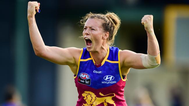 Brittany Gibson celebrates Brisbane’s win over Collingwood. Picture: Getty Images