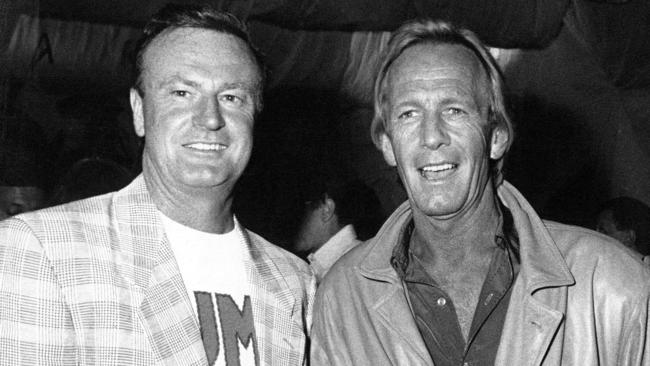 Peter Allen and Paul Hogan at the 'Australia Live' party at Channel Nine. Pic. Steve Moorhouse