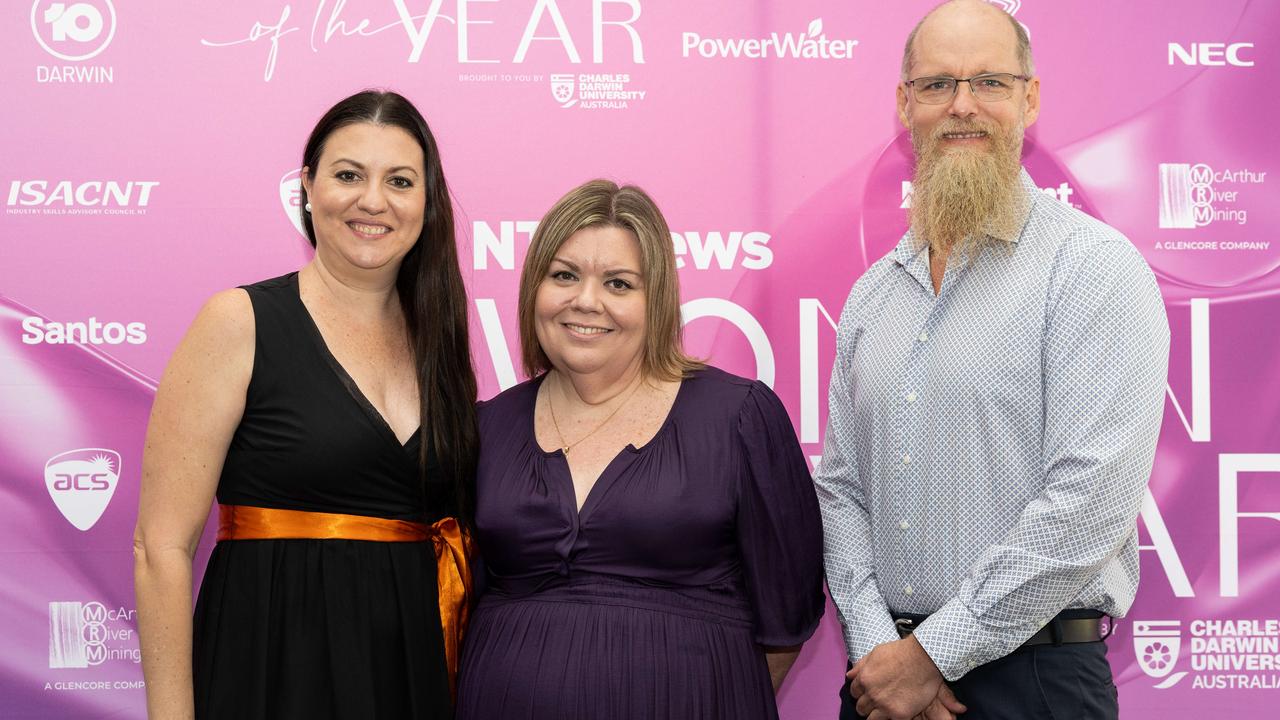 Lauren Hall, Karina Bourne and Damian Charles at the 2025 NT NEWS Woman of the Year. Picture: Pema Tamang Pakhrin
