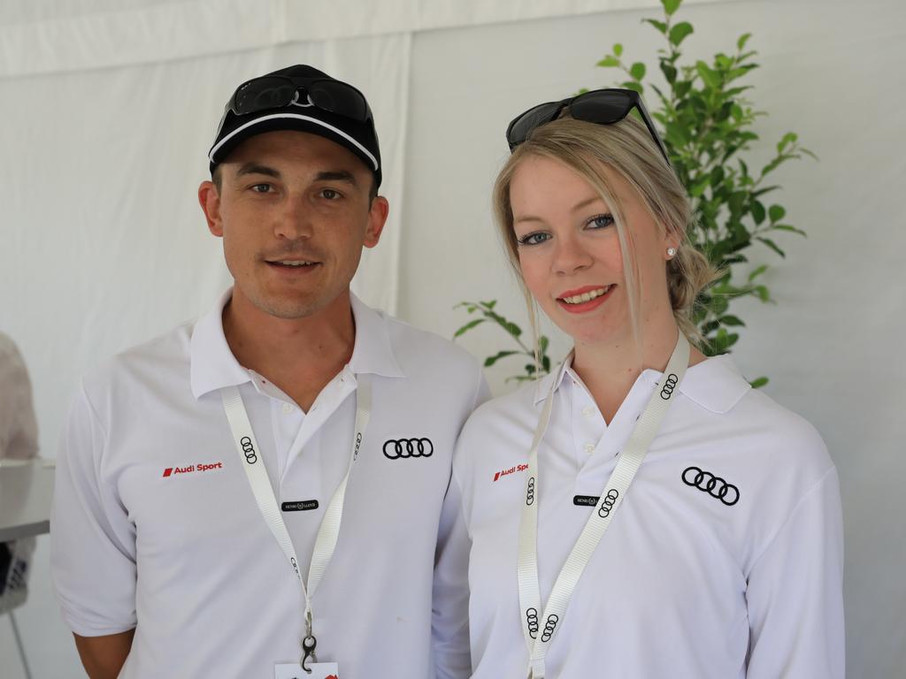 Mark Bataev and Amy Newbery were among the VIP Audi Solitaire customers who viewed the Adelaide Motorsport Festival track side. Picture: Kane Overall