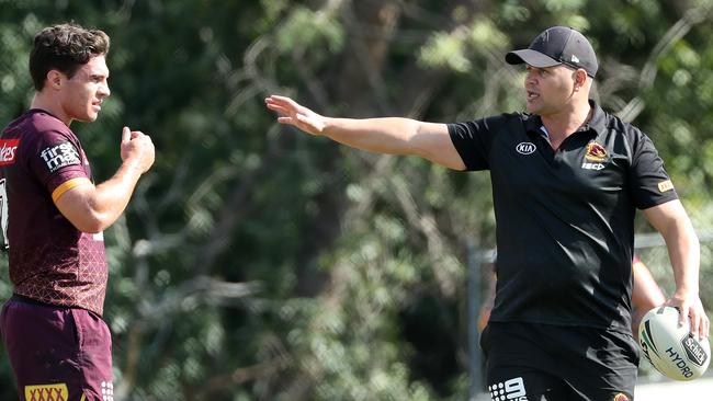 Brodie Croft and coach Anthony Seibold during a training session. Photographer: Liam Kidston.