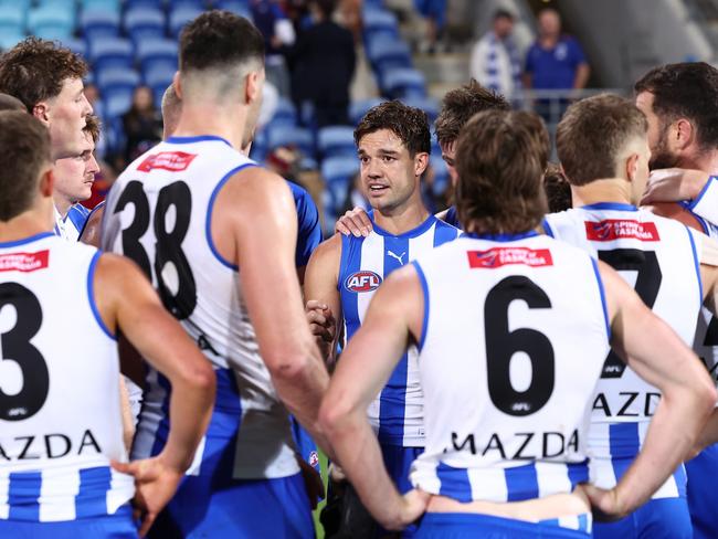 North Melbourne skipper Jy Simpkin is in favour of added time after draws. Picture: James Wiltshire/AFL Photos via Getty Images