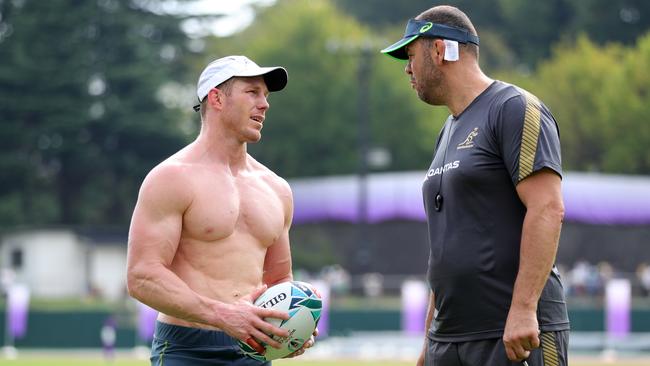 ODAWARA, JAPAN - SEPTEMBER 11: David Pocock of Australia talks with Michael Cheika, Head Coach of Australia during an Australian Wallabies training session at Odawara Stadium on September 11, 2019 in Odawara, Kanagawa, Japan. (Photo by Dan Mullan/Getty Images)