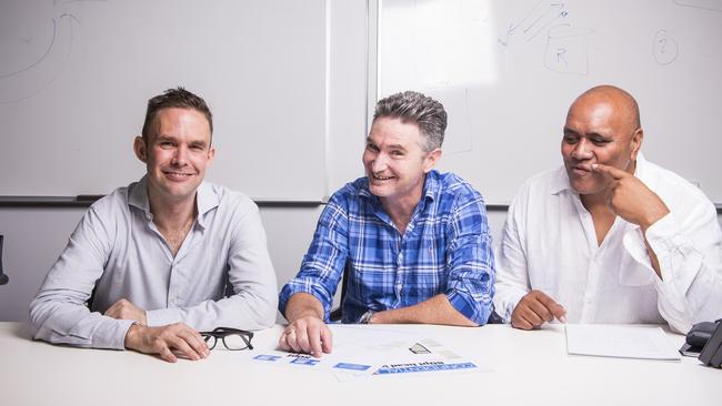 Luke Dennehy worked as an entertainment reporter at the Herald Sun, pictured with Dave Hughes and Nui Te Koha. Picture: Eugene Hyland.