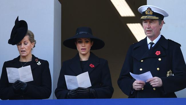 Sophie, Countess of Wessex, Meghan, Duchess of Sussex and Vice Admiral Timothy Laurence. Picture: AFP