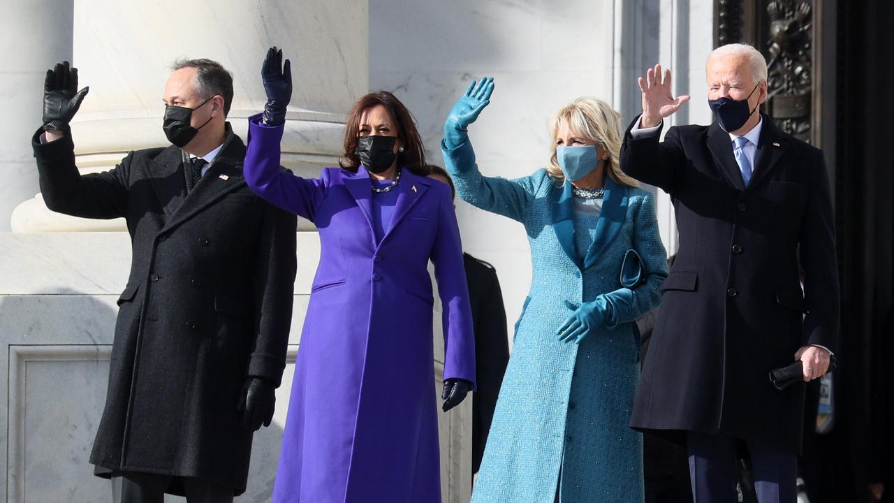 From left: Doug Emhoff, US Vice President-elect Kamala Harris, Jill Biden and President-elect Joe Biden wave as they arrive on the East Front of the US Capitol for the inauguration ceremony. Picture: AFP