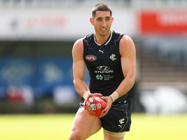 While it hasn’t been the best start to the season for the Blues, Carlton is faring well in fantasy points conceded to defenders. Pictured is Jacob Weitering. Picture: Getty