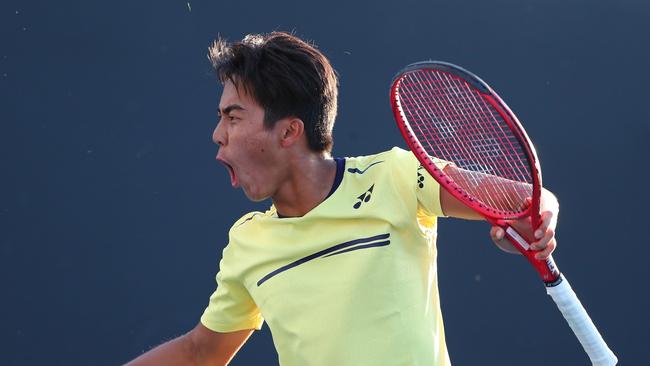 MELBOURNE, AUSTRALIA - JANUARY 20: Rinky Hijikata of Australia celebrates a point in his first round Junior Boys Doubles match with Otto Virtanen of Finland against Stefan Storch of Australia and Bu Yunchaokete of China during day seven of the 2019 Australian Open at Melbourne Park on January 20, 2019 in Melbourne, Australia. (Photo by Michael Dodge/Getty Images)