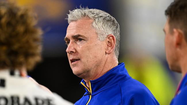 PERTH, AUSTRALIA – AUGUST 26: Adam Simpson, Senior Coach of the Eagles at the quarter time break during the 2023 AFL Round 24 match between the West Coast Eagles and the Adelaide Crows at Optus Stadium on August 26, 2023 in Perth, Australia. (Photo by Daniel Carson/AFL Photos via Getty Images)