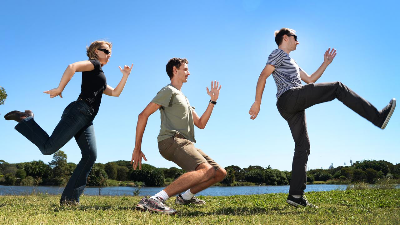 Sam Dawson, David Hutchinson and Jules Kajtar practising silly walks.