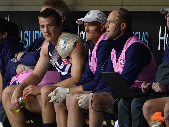 Fremantle's Michael Apeness can’t catch a break. Picture: Daniel Wilkins