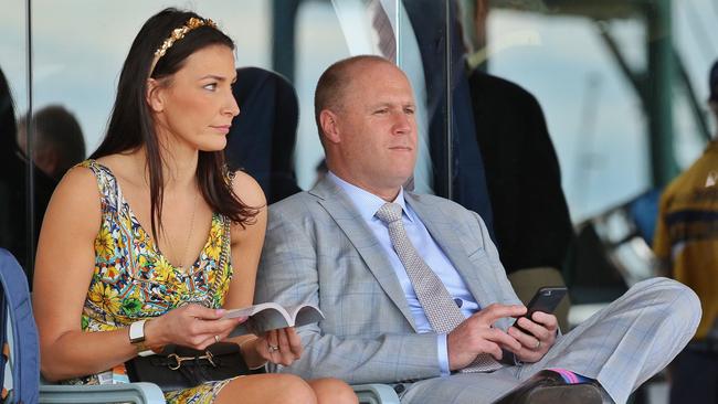 Trainer Danny O'Brien and wife Nina at Caulfield in 2016. Picture: Hamish Blair