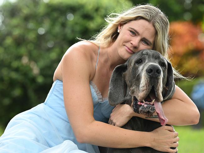 12/3/2025: Swimmer Shayna Jack with her beloved  dog Hugo, together in Bowen Hills, Brisbane. Hugo the dog was a huge comfort to Shayna during her doping ban ... sadly, Hugo is being put down on Friday. pic: pic: Lyndon Mechielsen/Courier Mail