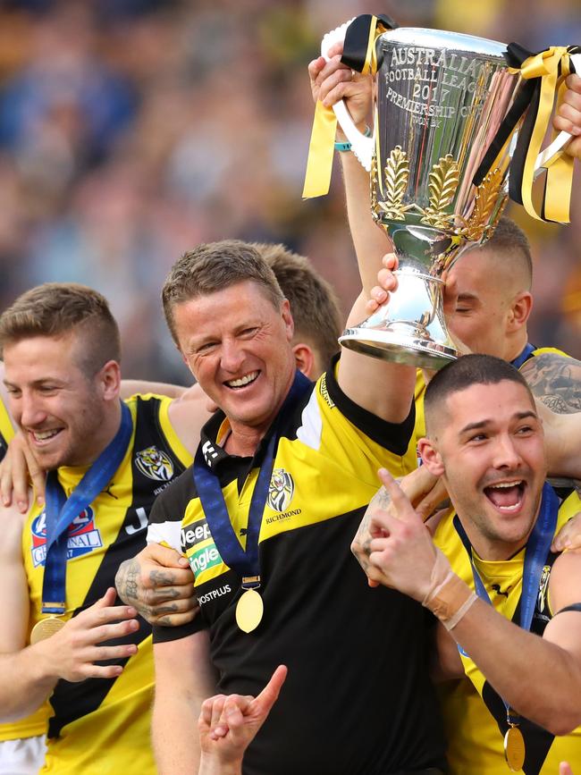 Damien Hardwick and the Tigers after the breakthrough 2017 win. Picture: Scott Barbour/AFL Media/Getty Images.