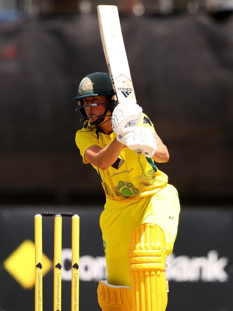 Perry scored 40 in Australia’s run chase of 130 on Sunday. Picture: Jonathan DiMaggio/Getty ImagesC