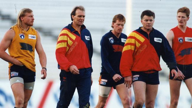 Wayne Weidemann, coach Graham Cornes, Rodney Maynard, assistant coach Michael Taylor and Ben Hart at Crows training in 1994. Picture: Ray Titus