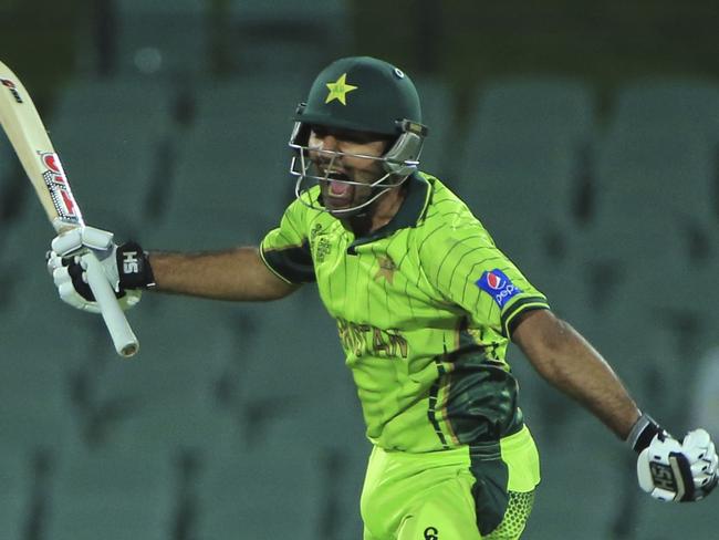 Pakistan’s Sarfraz Ahmed, jumps as he celebrates his hundred runs during their Cricket World Cup Pool B match against Ireland in Adelaide, Australia, Sunday, March 15, 2015. (AP Photo/James Elsby)