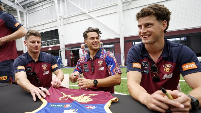 Dayne Zorko, Cam Rayner and Jarrod Berry pictured at the Brisbane Lions end of season fan day.