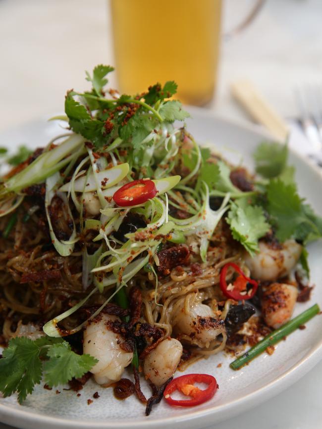 Stir fry of bug tail and chopped prawn egg noodles with hellfire chilli oil. Picture: Andrew Tauber