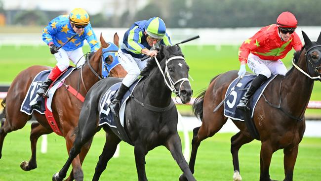 MELBOURNE, AUSTRALIA - MAY 27: Damien Oliver riding Brayden Star defeats French Emperor in Race 8, the Marshall White Handicap during Melbourne Racing at Sandown Hillside on May 27, 2023 in Melbourne, Australia. (Photo by Vince Caligiuri/Getty Images)