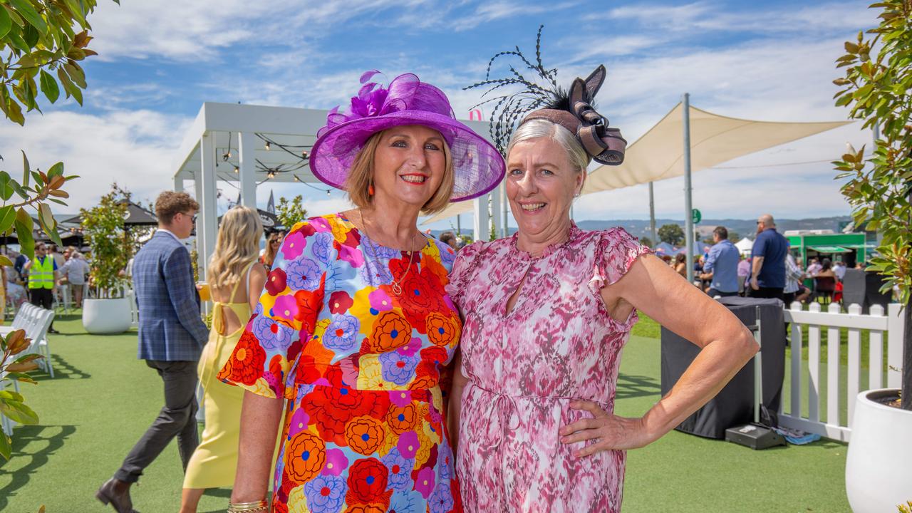 Lyn Ward and Stephanie Glazbrook at the 2023 Adelaide Cup at Morphettville Racecourse. Picture: Ben Clark