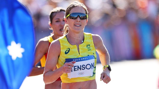 PARIS, FRANCE - AUGUST 11: Jessica Stenson of Team Australia competes during the Women's Marathon on day sixteen of the Olympic Games Paris 2024 at Esplanade Des Invalides on August 11, 2024 in Paris, France. (Photo by Michael Steele/Getty Images)